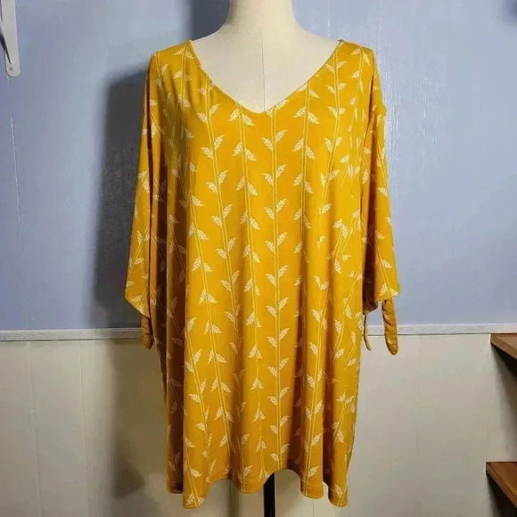 Liz Claiborne 2X /3X Goldenrod Wheat Print Deep V Neck Short Slit Sleeve Blouse - Picture 1 of 10
